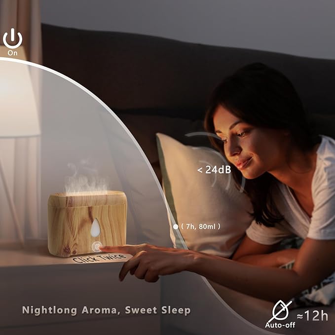 Flame Diffuser for Essential Oils, 200ml Ultrasonic Aroma Diffusers with Cool Mist, Aromatherapy Diffuser with Auto-Off Protection, Small Humidifier for Home,Office,Bedroom,Gift (Wooden Grain)