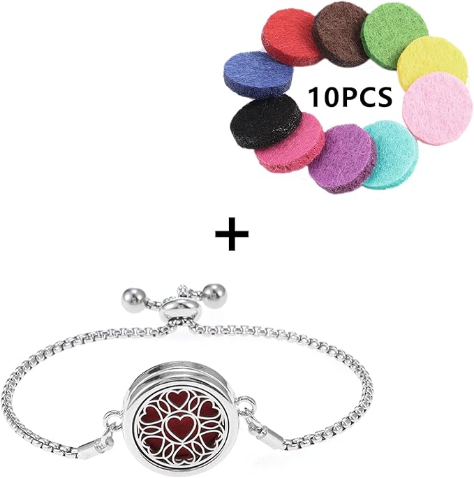 Essential Oil Diffuser Bracelet Aromatherapy Locket - Adjustable Stainless Steel Heart with 10 Pcs Refill Pads for Women Girls