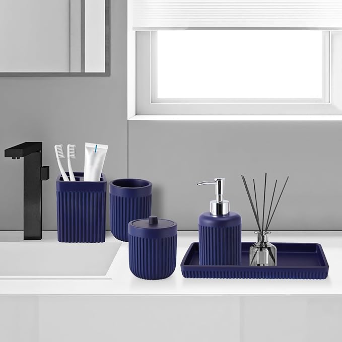 Resin Navy Blue Bathroom Accessories Set 5 Pcs, Lotion Soap Dispenser, Toothbrush Holder, Bathroom Tumbler, Qtip Holder and Vanity Tray, Bathroom Countertop Organizer Set for Modern Apartment
