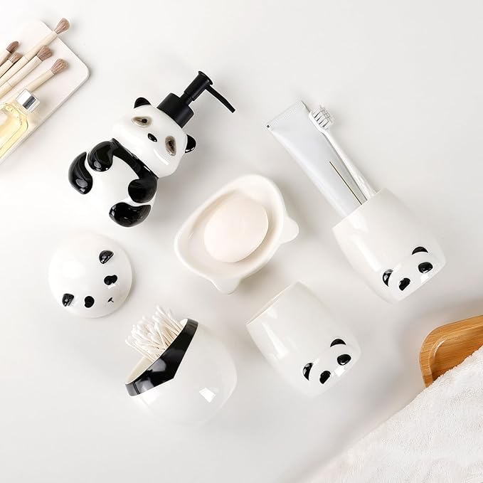 Bathroom Accessory Set 5PCS, Ceramic Bathroom Accessories Set, Cute Panda Bathroom Accessories Sets Complete, Home Apartment Modern Bathroom Decor Vanity Countertop, ANTIS'S HOME