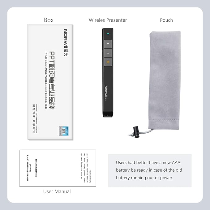 Norwii N26 Wireless Presentation Clicker, Presentation Remote, PowerPoint Clicker with Pointer for PowerPoint Presentations, Power Point Clicker Wireless Presenter Remote - Black