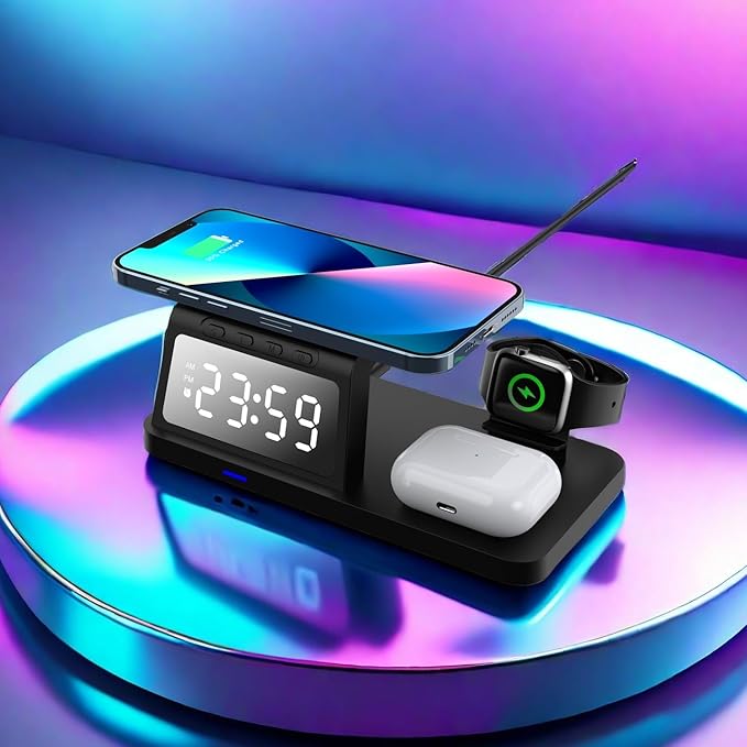 4-in-1 Wireless Charging Station with Clock Display, Compatible with iPhone/Apple Watch/AirPods,Black