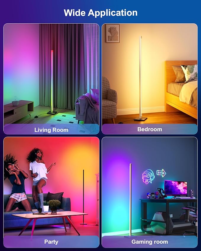 Gold Floor Lamp with Remote, Aluminum RGB LED Corner Lamp with Alexa, 1600 Lumen Standing Lamp with DIY Music Sync and 16 Million Colors, Smart Dimmable Floor Lamp for Living Rooms, Bedrooms