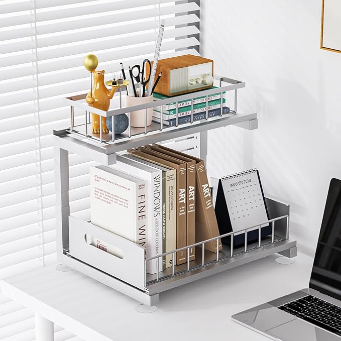 2 Pack Under Sink Organizer, 2-Tier Heavy Duty Metal Pull Out Cabinet Organizer Slide Out Sink Shelf Organizer Height Adustable, Multi-Purpose Storage Shelf for Kitchen Bathroom (Silver, 2 Pack)