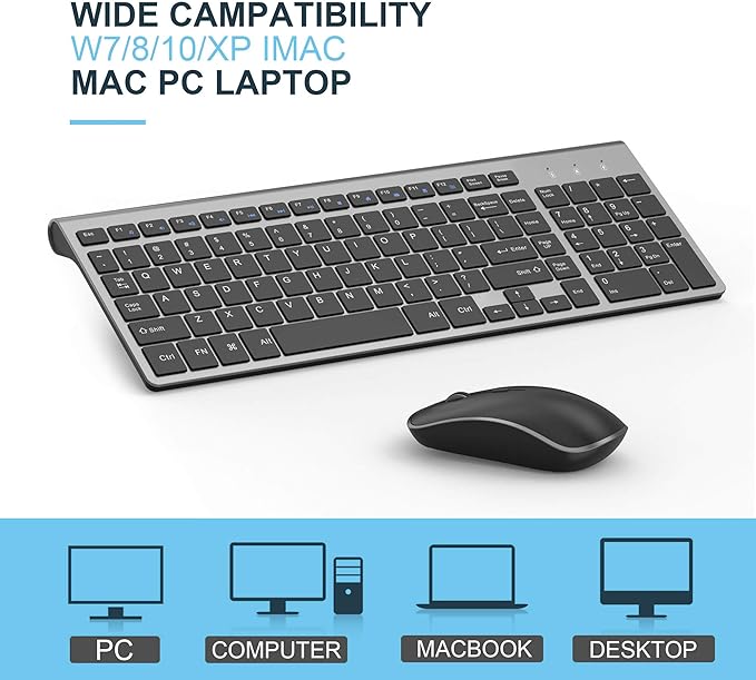 JOYACCESS Wireless Keyboard Mouse Combo, 2.4G Compact and Ultra Slim Wireless Keyboard and Mouse for Windows, Computer, Desktop, PC, Laptop (Grey)