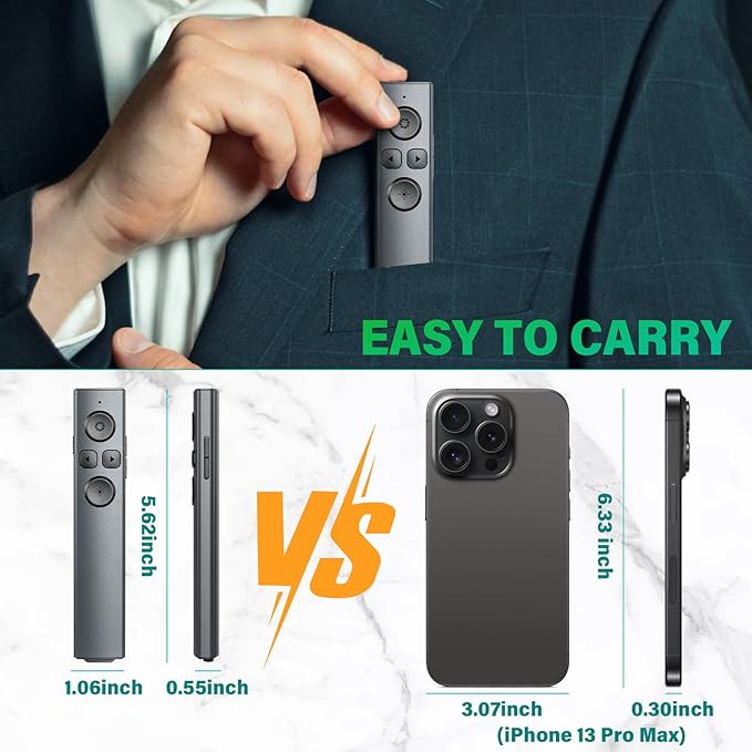 2 in 1 USB Type C Presentation Clicker with Green Light Pointer, Rechargeable Presentation Clicker Wireless Presenter Remote Clicker, 2.4GHz Clicker for Powerpoint Presentations, Google Slide Advancer