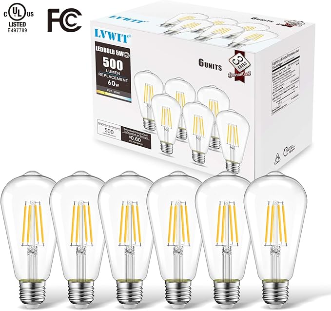 LVWIT ST21 LED Filament Bulb 5W(60 Watt Equivalent) Dimmable 3000K Soft White Vintage Edison Light Bulb E26 Medium Base (6-Pack) (5W-Soft White)