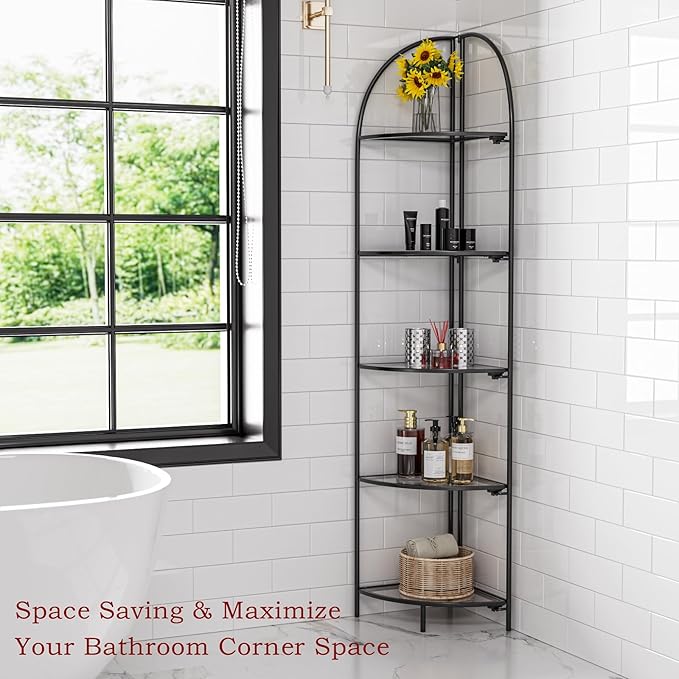 Crofy Foldable 5 Tier Corner Shelf, Metal Corner Plant Stand with Black Frame and Transparent Shelves, Corner Display Rack Multipurpose Shelving Unit for Living Room, Bedroom, Bathroom