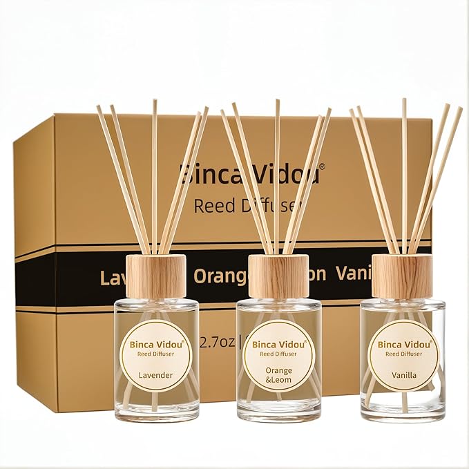 binca vidou Reed Diffuser Set, Lavender Vanilla Orange & Lemon Natural Scent Oil Diffusers with Sticks for Home Office Bathroom Aromatherapy Decor 2.7oz x 3