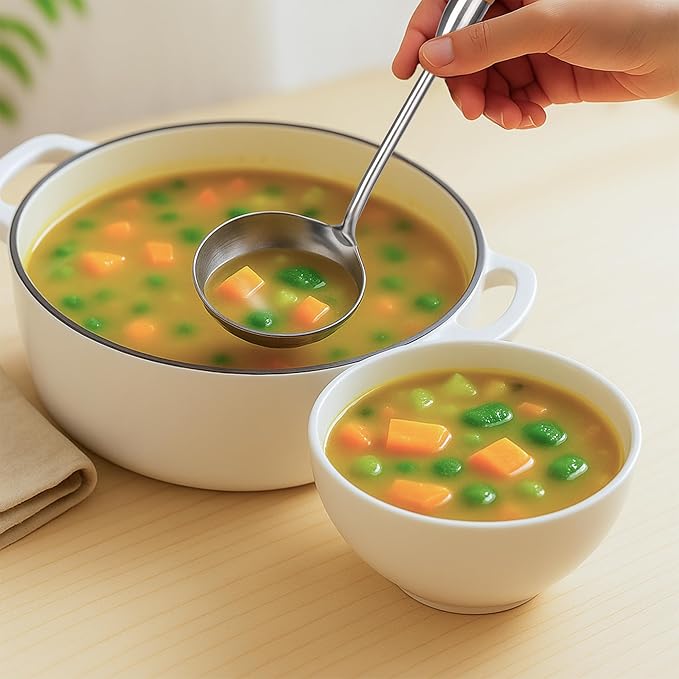 FJNATINH Soup Ladle, Stainless Steel Ladle with Heat Resistant Wooden Handle, Food Grade Metal Cooking Soup Spoon Kitchen Tools, Easy to Clean