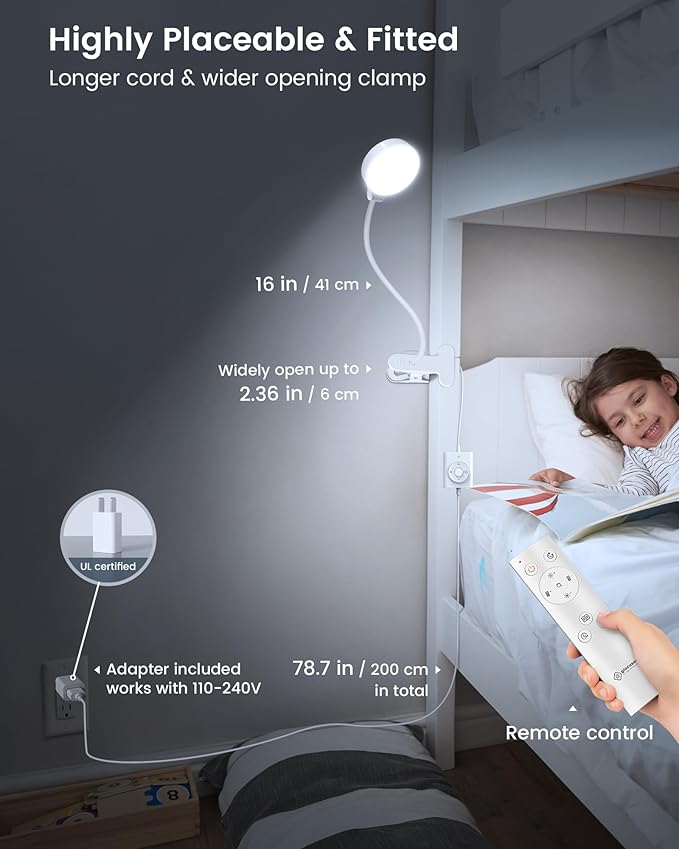 Glocusent Brighter Clip on Lamp with Remote, Eye-Caring Clip on Light for Bed Headboard, 3 Color & 5 Brightness Bed Lamp, 30-Min Auto-Off Timer, Reading Light with Adapter