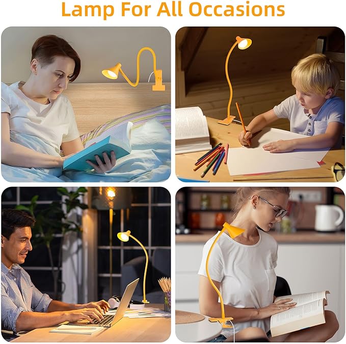 Desk Lamp Clip on Lamp for Bed Headboard LED Reading Light for Bed, 3 Colors 10 Dimmable Brightness, Book Light for Reading in Bed Flexible Neck Clip on Light Clamp Lamp for Bed Desk(Yellow)