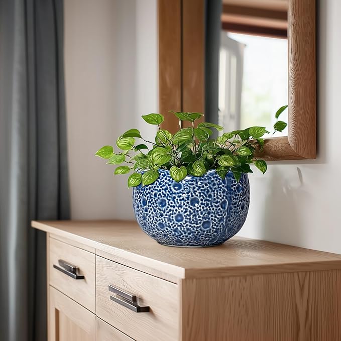 Ceramic Pots for Plants - 8 Inch Round Planter with Drainage Hole, Round Decorative Plant Pots for Indoor Outdoor, Modern Unique Flower Pot, House Living Room Decor, Home Gifts, Blue