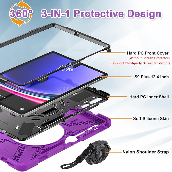 BRAECNstock for Samsung Galaxy Tab S10+ Plus/ S9 FE+ Plus/ S9+ Plus/ S8+ Plus/ S7 FE/ S7+ Plus 5G Tablet Case 12.4" Shockproof Protective Kids Case with Pen Holder Rotating Hand Strap & Stand - Purple