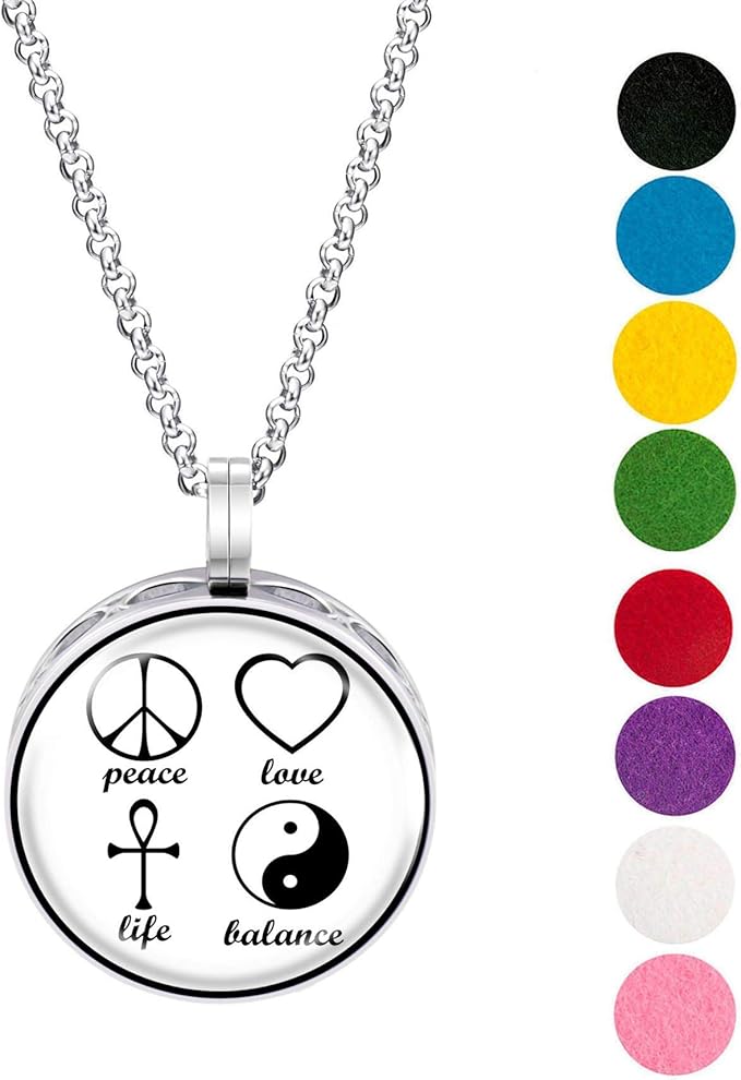 Wild Essentials Peace Love Life Enamel Finish Essential Oil Diffuser Necklace Gift Set - Includes Aromatherapy Pendant, 24" Stainless Steel Chain, 8 Color Refill Pads …