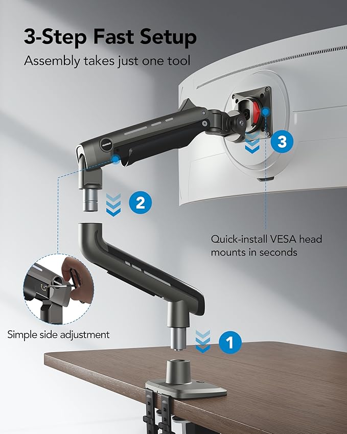 HUANUO TitanLift™ Heavy Duty Monitor Arm for Ultrawide Screens up to 49", Holds 40 lbs, Aluminum Ultrawide Screen Desk Mount, Fully Adjustable Single Monitor Mount with Dual C-Clamp, Max VESA 100x100