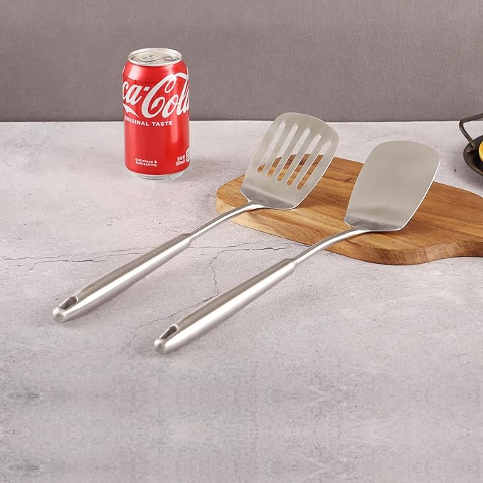 18/10 Stainless Steel Spatulas Set - 15” Long Spatulas for Kitchen, Metal Cooking Utensils - 1 Slotted Spatula + 1 Solid Turner (style A - all metal brushed)