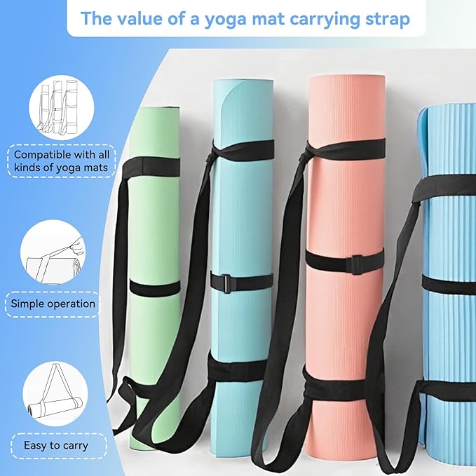 Adjustable Yoga Mat Strap Carrier, Thick Wide Yoga Mat Holder with Hook-and-loop fastener for yoga enthusiast, Travel Gym, Black Non-Slip Yoga Straps for Carrying Mats