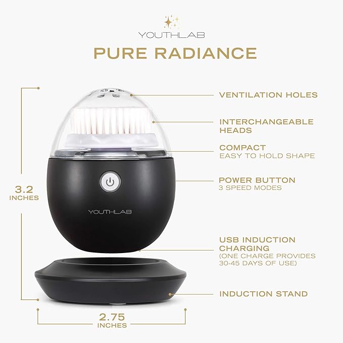 Pure Radiance, Vibrating Facial Cleansing Brush, Electric, 3 Modes, 3 Brush Heads (2 Bristle,1 Silicone), Waterproof, Rechargeable, Smart Timer, Exfoliating, Massage (Black)