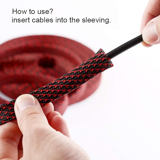 25ft - 3/4 inch PET Expandable Braided Sleeving – BlackRed – Alex Tech Braided Cable Sleeve
