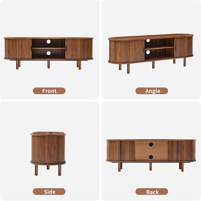 54" Fluted TV Stand with Storage, Mid Century Modern TV Console with Tambour Sliding Doors, Curved Entertainment Center, Media Console for Living Room, Bedroom (Walnut)