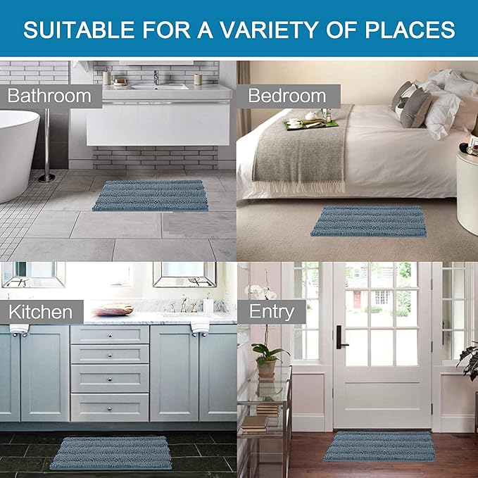 H.VERSAILTEX 2 Piece Bathroom Set - Super Absorbent Chenille Striped Bath Mats - Non Skid, Machine Washable - Stone Blue, 24 x 36 Plus 20 x 32 Inches