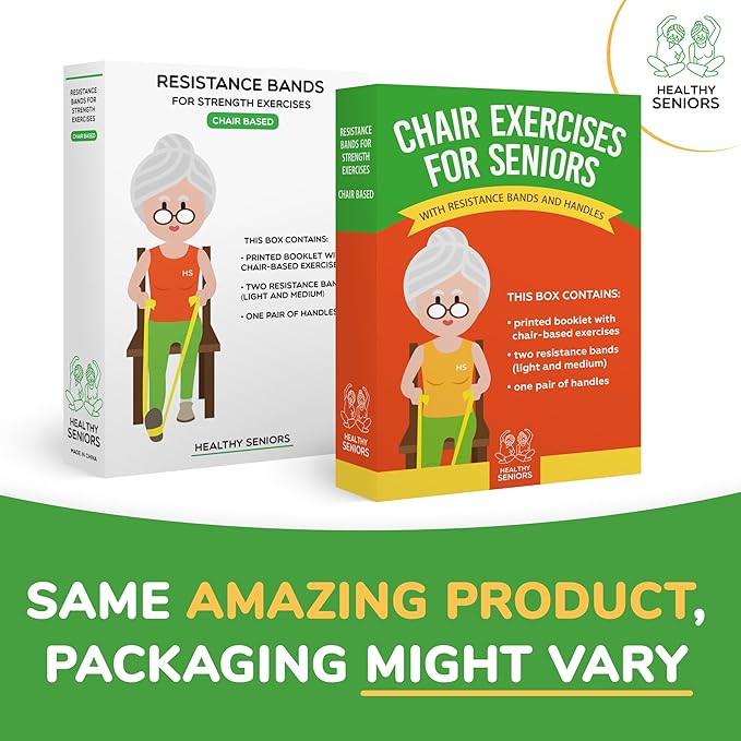 Chair Exercise Program with Two Resistance Bands, Handles and Printed Exercise Guide. Suitable for Rehab or Physical Therapy. Thoughtful Gift for Grandma or Grandpa