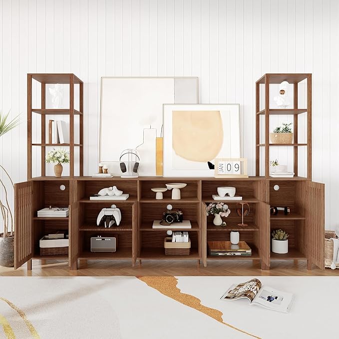 Combination TV Cabinet, for TVs Up to 70", Large TV Stand with Bookshelves, Storage TV Cabinet, Multi-Functional Home Entertainment Center with Adjustable Shelves