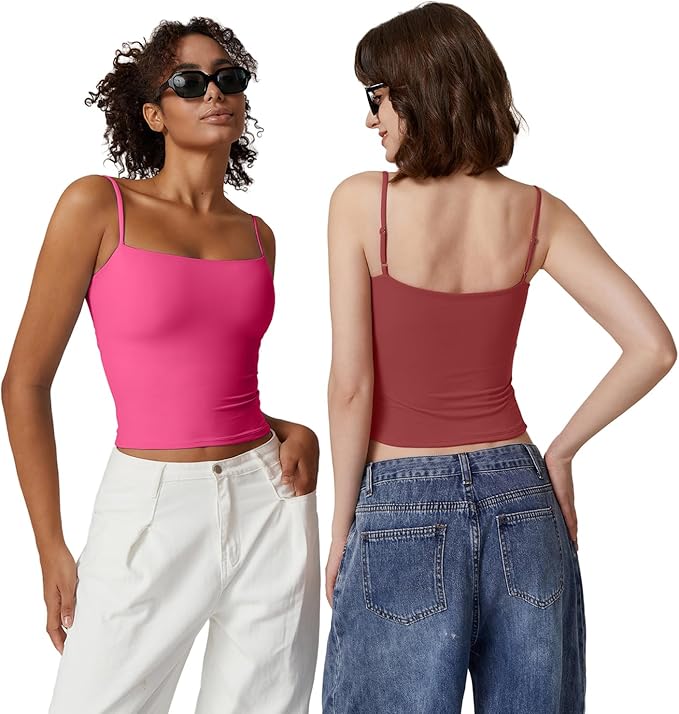 QINSEN Women's Double Lined Basic Tank Top Adjustable Spaghetti Straps Sleeveless Camisole Shirts