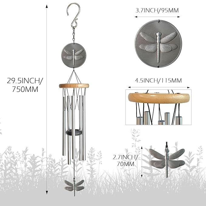 Dragonfly Wind Chimes for Outside with Bright Silver,29 "Memorial Wind Chimes Create a Zen Atmosphere for Outdoor,Garden Patio Yard Decor,Unique Dragonfly Gift for Women/Unisex