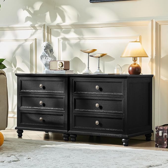 Farmhouse Nightstand with Charging Station, 24" Wide End Table with 3 Drawers,Wood Dresser Cabinet for Bedroom, Bed Side Table Chest of Drawers,Night Stand for Living Room, Closet,Black