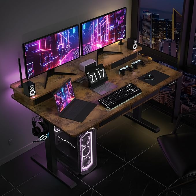 Electric Standing Desk, 63 * 30 Inches Adjustable Height with 4 Drawers, Double Storage Shelves Stand Up Desk, Home Office Workstation Sit Stand up Desk (Rustic Brown)