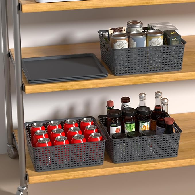 Hespama 6 Pack Plastic Woven Baskets, Stackable Storage Basket with Lid, Dark Grey