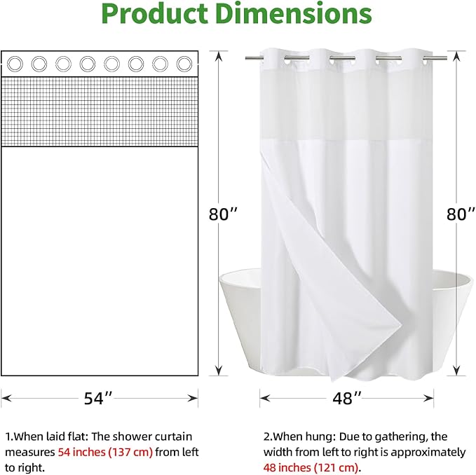 Stall No Hooks Needed White Shower Curtain with Snap-in Fabric Liner Set,Linen Textured Hotel Luxury Decor Farmhouse Shower Curtains for Bathroom,Waterproof & Washable,54Wx80H