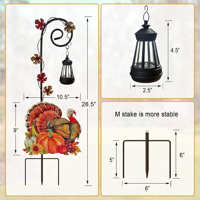 Metal Thanksgiving Turkey Garden Stake with Solar Lantern,Outdoor Fall Decor,Turkdy Yard Sign for Pathway,Patio or Farmhouse Porch