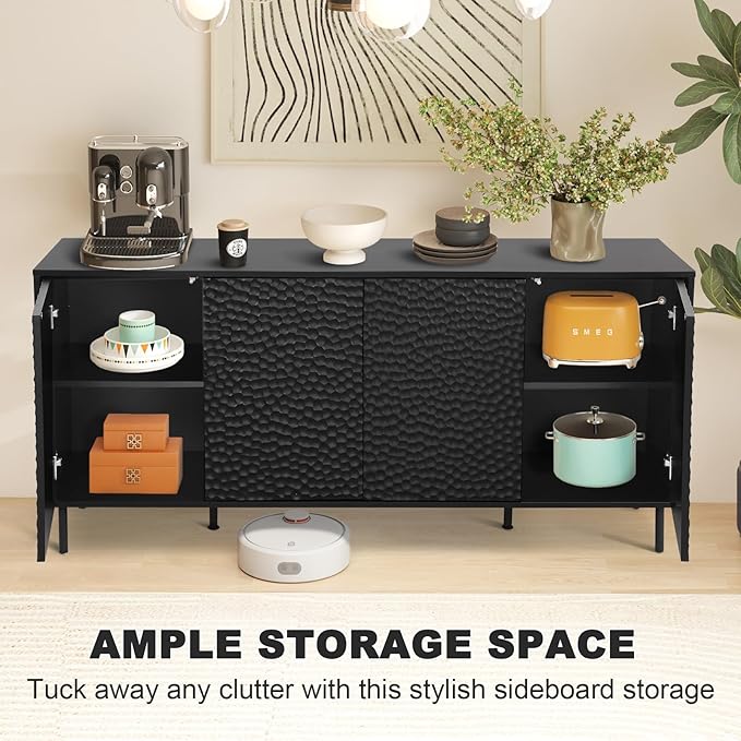 ANJ Black TV Stand for 75 inch TV, Mid-Century Modern TV Console Stand with Storage Cabinet, Entertainment Center with Adjustable Shelf Design,Textured Honeycomb Pattern