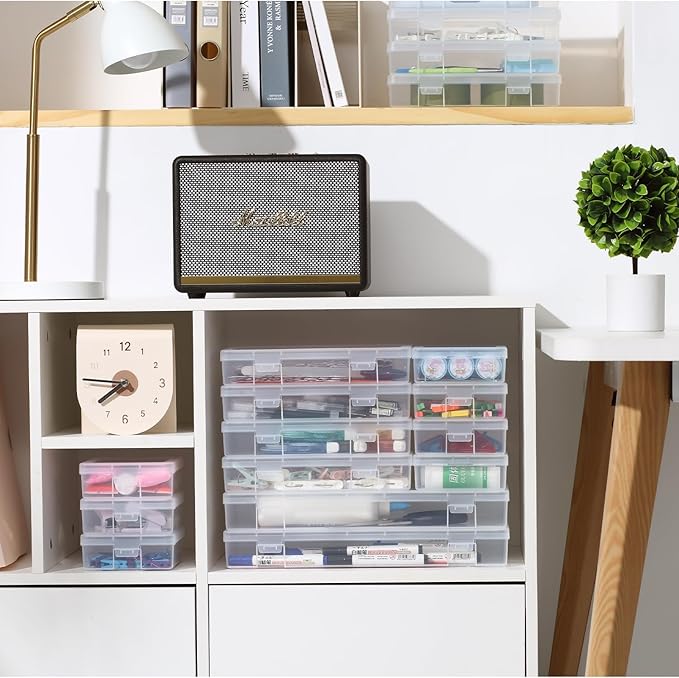 novelinks Stackable Plastic Clear Storage Box Containers with Latching Lid - Art Craft Supply Organizer Storage Containers for Pencil Box, Crayon, Beads, Jewelry (6 Pack Large -Clear)