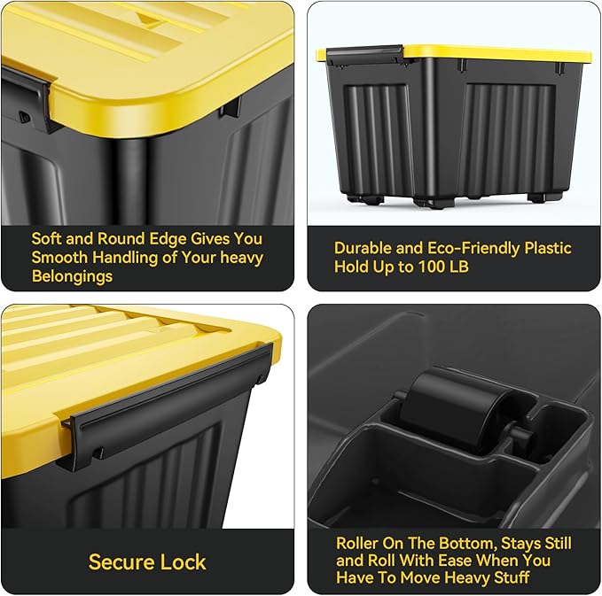 Nazhura 72Quart Plastic Storage Bin, Stackable and Nestable Storage Boxes with White Lids and Secure Latching Buckles, Large Storage Container (Black/Yellow, 72Quart-6Pack)