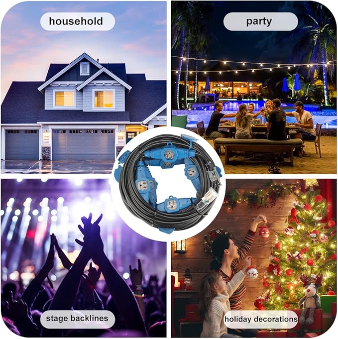 50 Feet Multi Outlet Extension Cord 12 Gauge,7 Nema 5-15R Evenly Spaced Outlets with Blue Indicators,Male Plug to Female Connector,Erboelec,ETL Listed