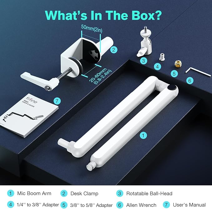 FIFINE Boom Arm Mic Stand, Low Profile Microphone Arm Stand, Podcast Mic Boom Arm with Desk Mount, Cable Channels Management, Metal Boom Arm White for Recording/Streaming/Gaming/Home Office-BM88W