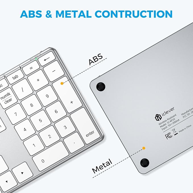 iClever KP10 Bluetooth Number Pad, Dual Device Connection, 34 Keys Ultra-Slim for Mac/Windows/iPad, USB-C Rechargeable, Quiet Keys, Excel Accounting Numpad with Long Battery Life