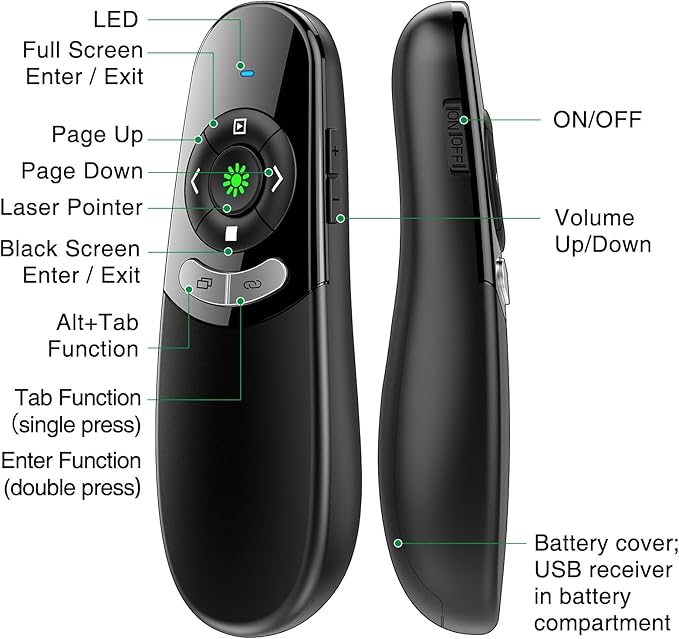 DINOSTRIKE USB A and USB C Presentation Clicker Green Light, RF 2.4GHz Wireless Presenter Remote Powerpoint Clicker Slide Advancer for Mac Laptop Computer Office Classroom