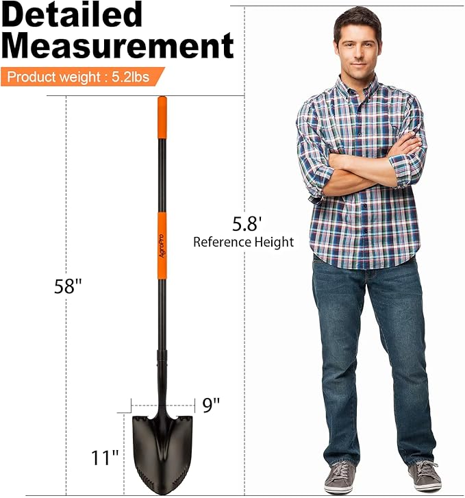 Shovel for Digging, Metal Shovel with Long Fiberglass Handle, Heavy Duty Shovel for Digging, 58 Inches