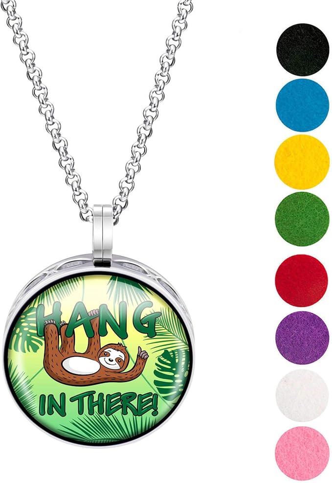 Wild Essentials Hang in There Enamel Finish Essential Oil Diffuser Necklace Gift Set - includes Aromatherapy Pendant, 24" Stainless Steel Chain, 8 Color Refill Pads