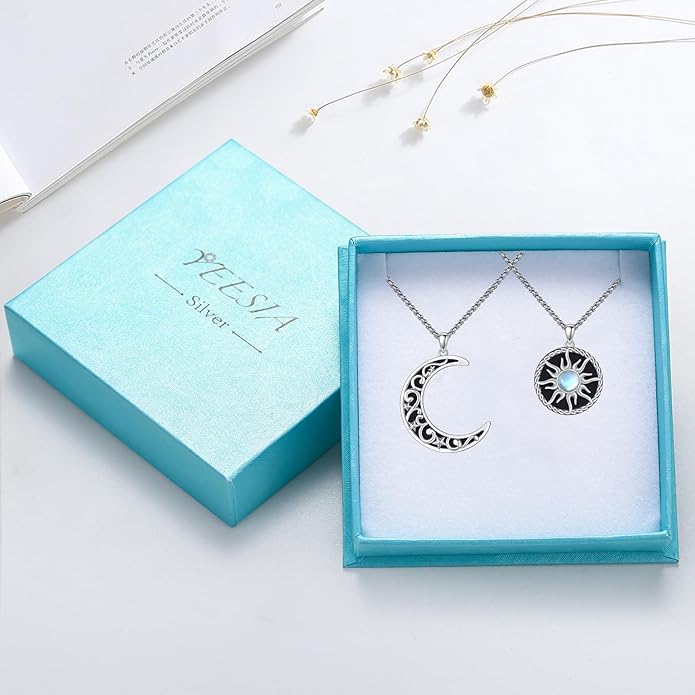 Yin Yang Necklaces 925 Sterling Silver Friendship Sun Moon/Mountain/Dolphin/Tree of Life/Flower/Wings Pendant Necklace Moonstone Abalone Opal Jewelry for Women Men Couples