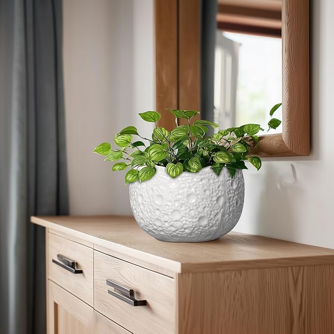 Ceramic Plant Pot - 8 Inch Round Planter with Drainage Hole, Decorative Plant Pots for Indoor Outdoor Plants, Modern Unique Flower Pots, House Living Room Decor, Housewarming Gifts, White