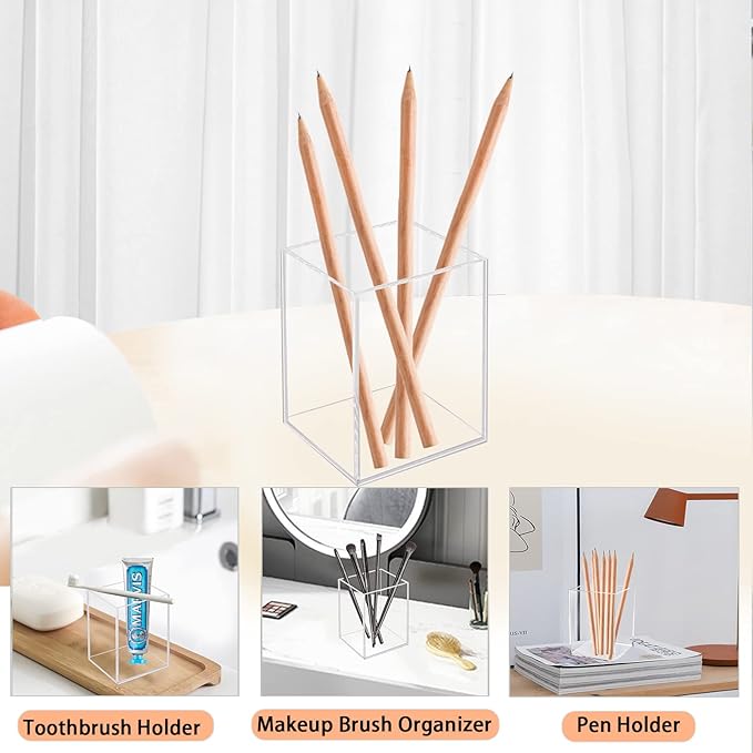 2 Pack Acrylic Pen Pencil Holder, Clear Makeup Brush Holder Cup Storage Office Desktop Desk Table Stationery Organizer