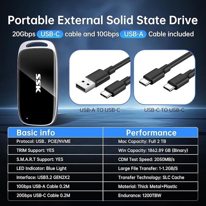 SSK 2TB SSD External Hard Drive, Portable SSD Drive up to 2000 MB/s, USB 3.2 Gen2X2 External Solid State Drives for iPhone 15/16 PRO、Mac、Phone OTG、Laptops with LED Indicator