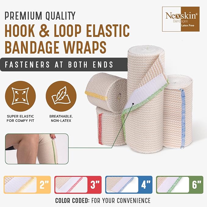 Premium Elastic Bandage Wrap (4” Wide, 6 Pack) - Nexskin Latex Free Athletic/Medical Compression Bandages Hook & Loop Fasteners at Both Ends - Lifetime Washable & Reusable Bandages