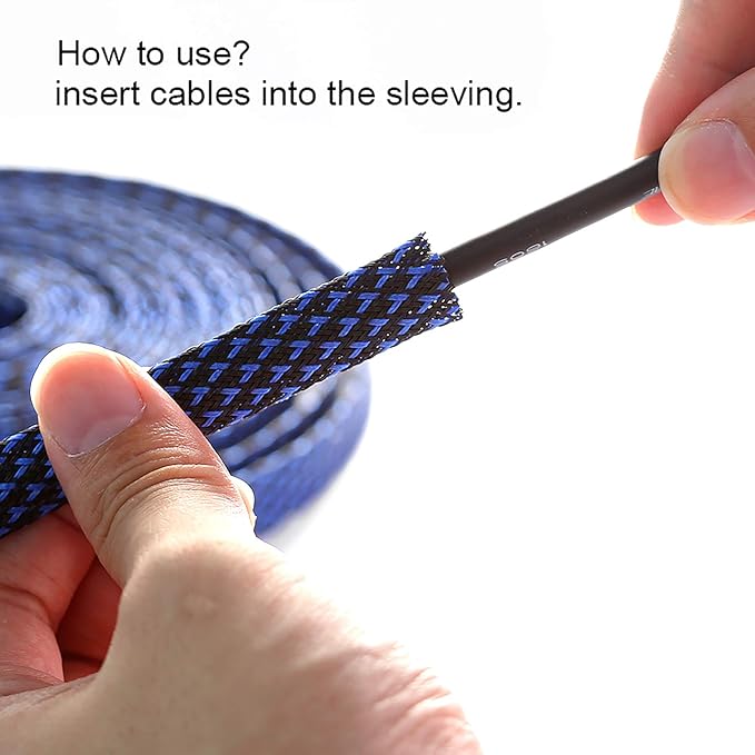 25ft - 1/4 inch PET Expandable Braided Sleeving – BlackBlue – Alex Tech Braided Cable Sleeve